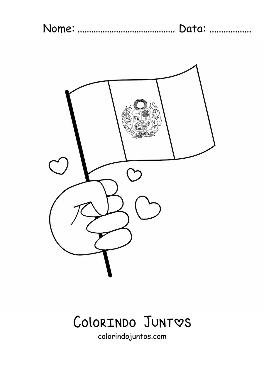Desenho para colorir de uma mão segurando a bandeira do Peru com brasão