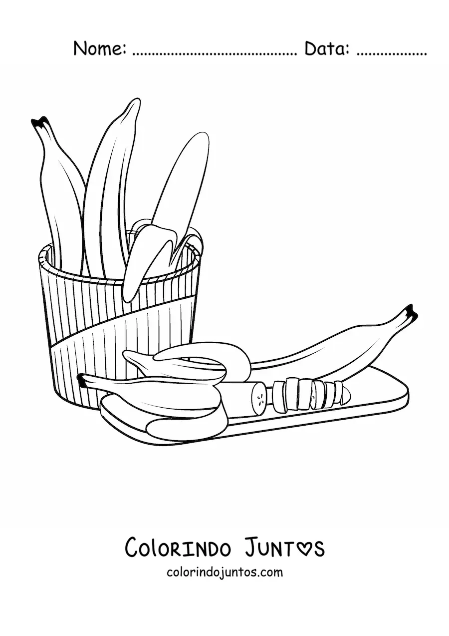 Desenho para colorir de várias bananas ao lado de uma banana cortada em pedaços