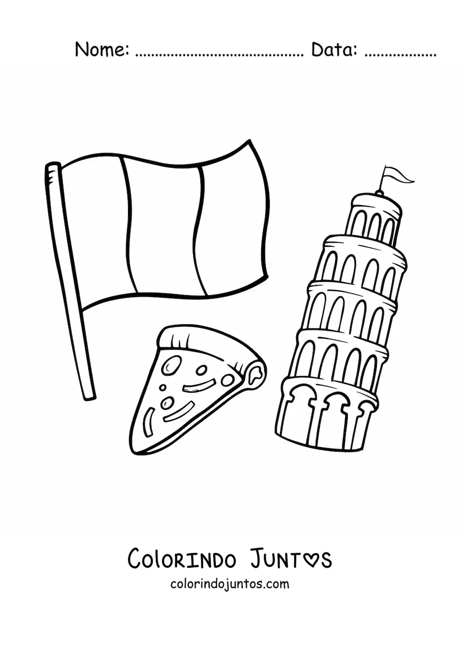 Desenho para colorir da bandeira da Itália com pizza e a Torre de Pisa