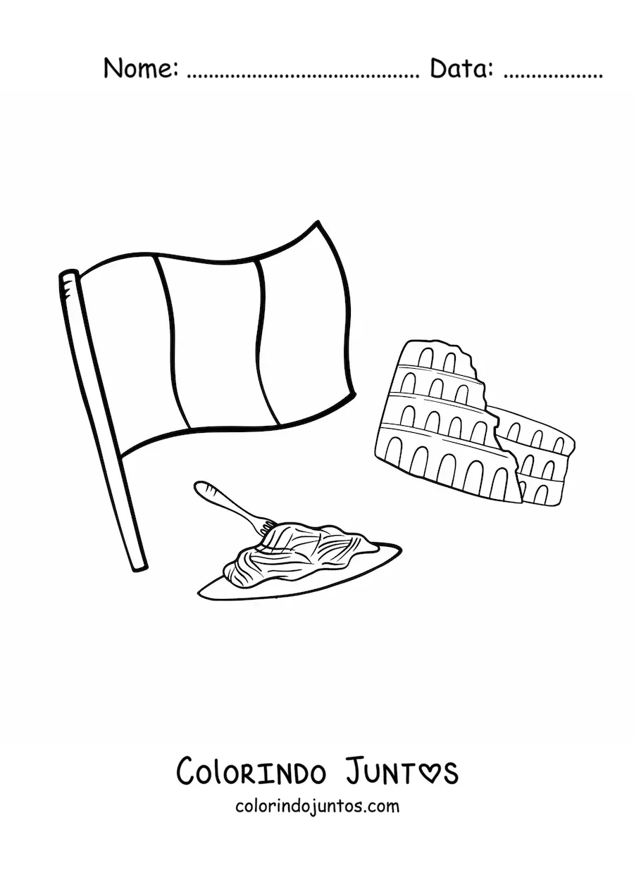 Desenho para colorir da bandeira da Itália com massa e o Coliseu de Roma