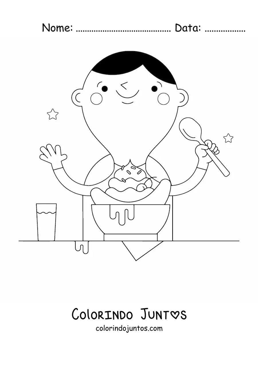 Desenho para colorir de um menino feliz comendo um banana split