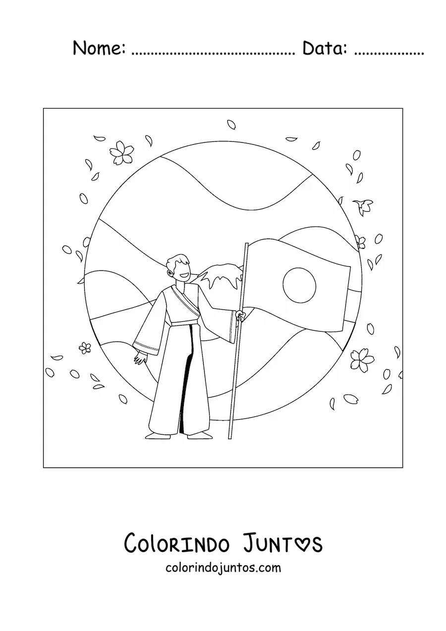 Desenho para colorir de um menino com a bandeira do Japão e paisagem