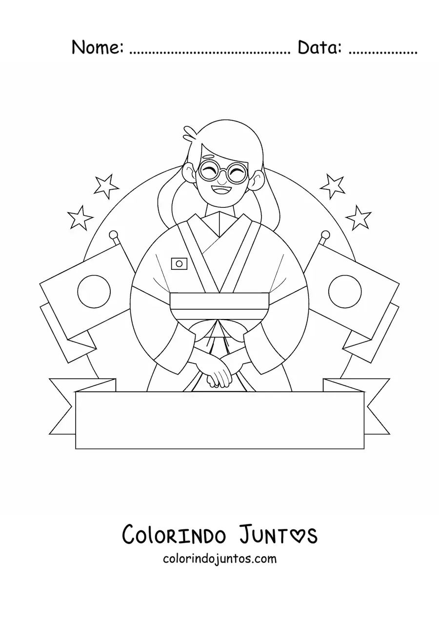 Desenho para colorir de uma menina com bandeiras do Japão