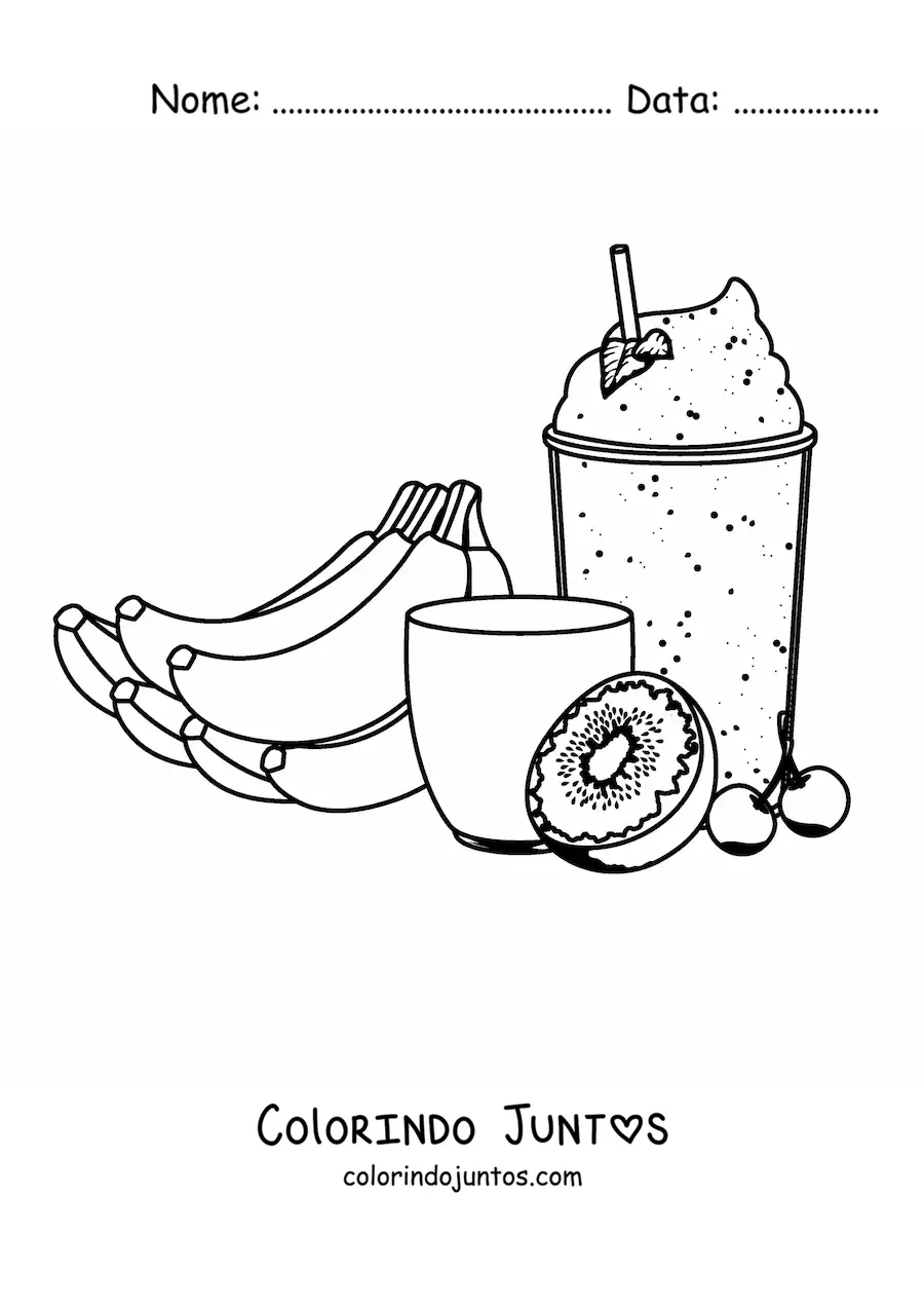 Desenho para colorir de um copo de milk-shake de banana com kiwi e cereja