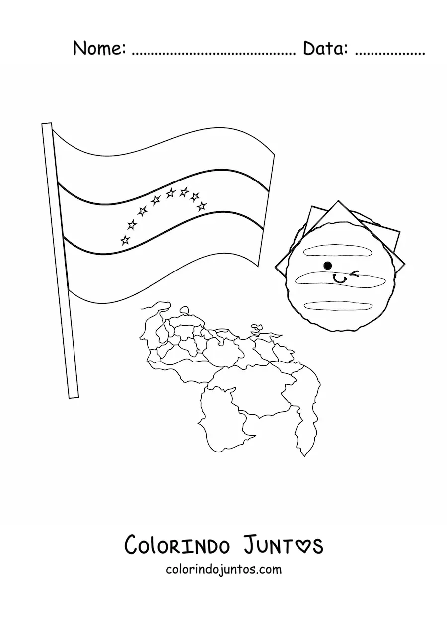 Desenho para colorir de uma arepa animada com a bandeira da Venezuela e mapa