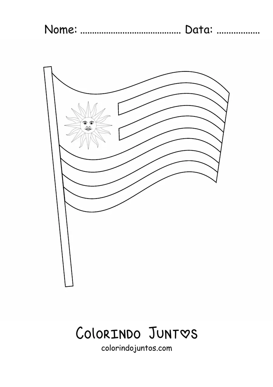 Desenho para colorir de bandeira do Uruguai tremulando em um mastro