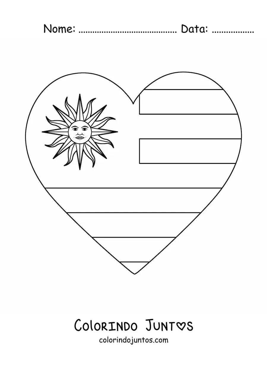 Desenho para colorir de coracao com bandeira do Uruguai