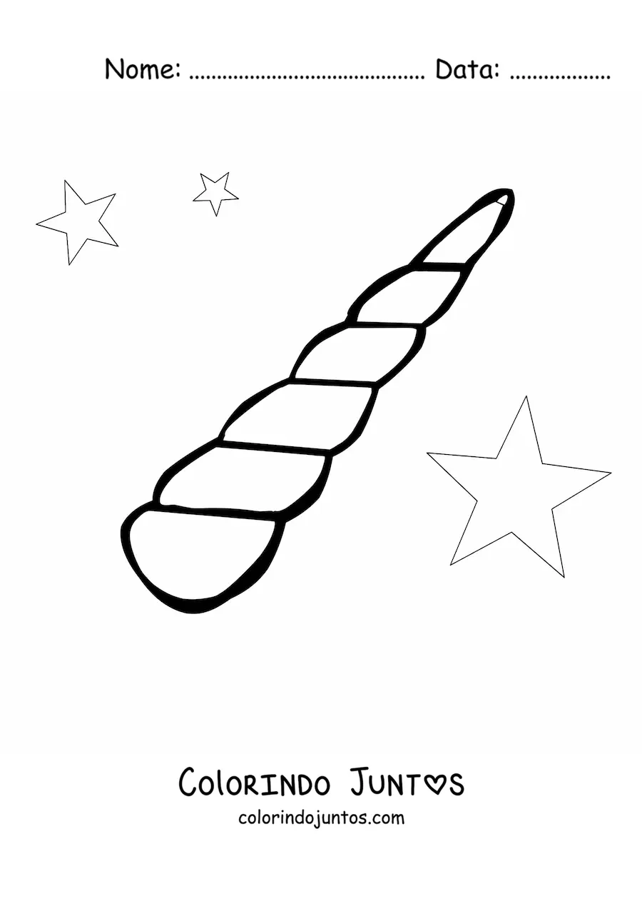 Desenho para colorir do chifre de um unicórnio com estrelas ao fundo