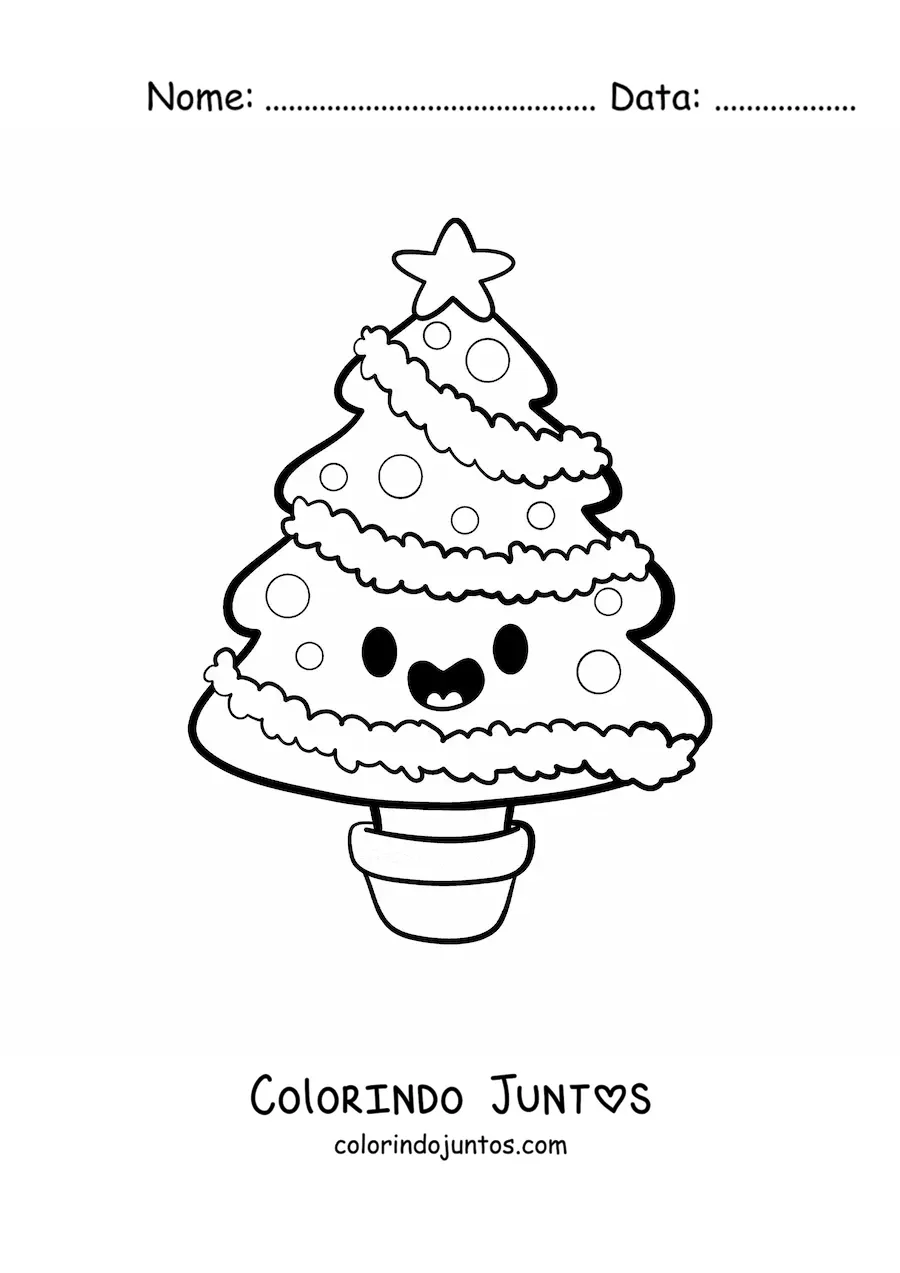 Desenho para colorir de uma arvore de Natal kawaii no vaso