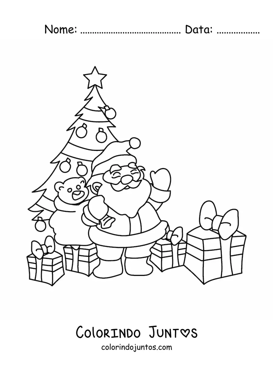 Desenho para colorir de Papai Noel com arvore de Natal com presentes