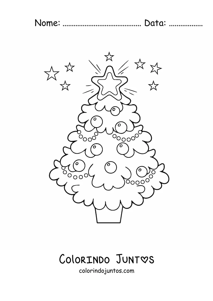 Desenho para colorir de uma arvore de Natal grande decorada com estrelas ao redor