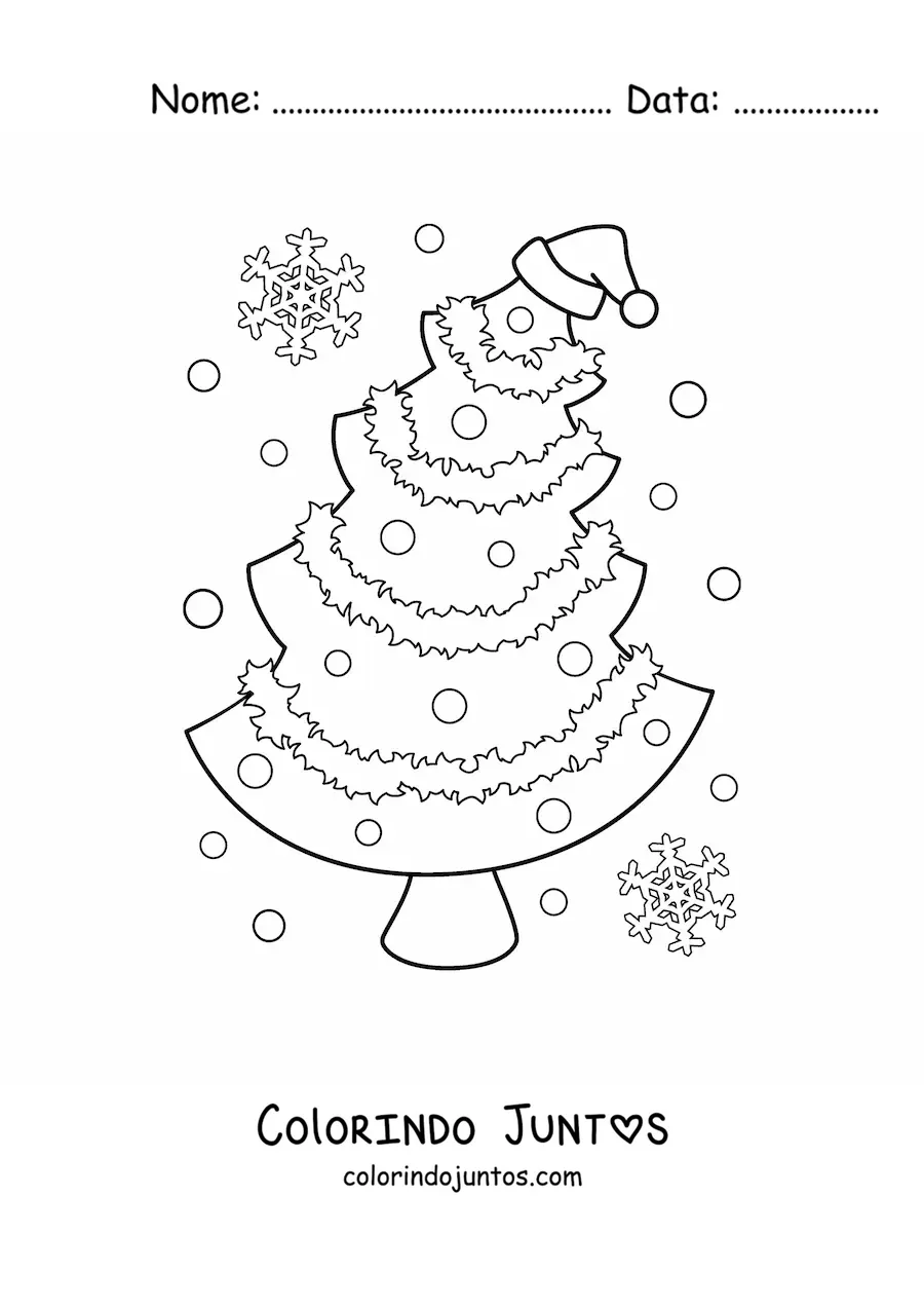 Desenho para colorir de uma arvore de Natal com gorro natalino e flocos de neve ao redor