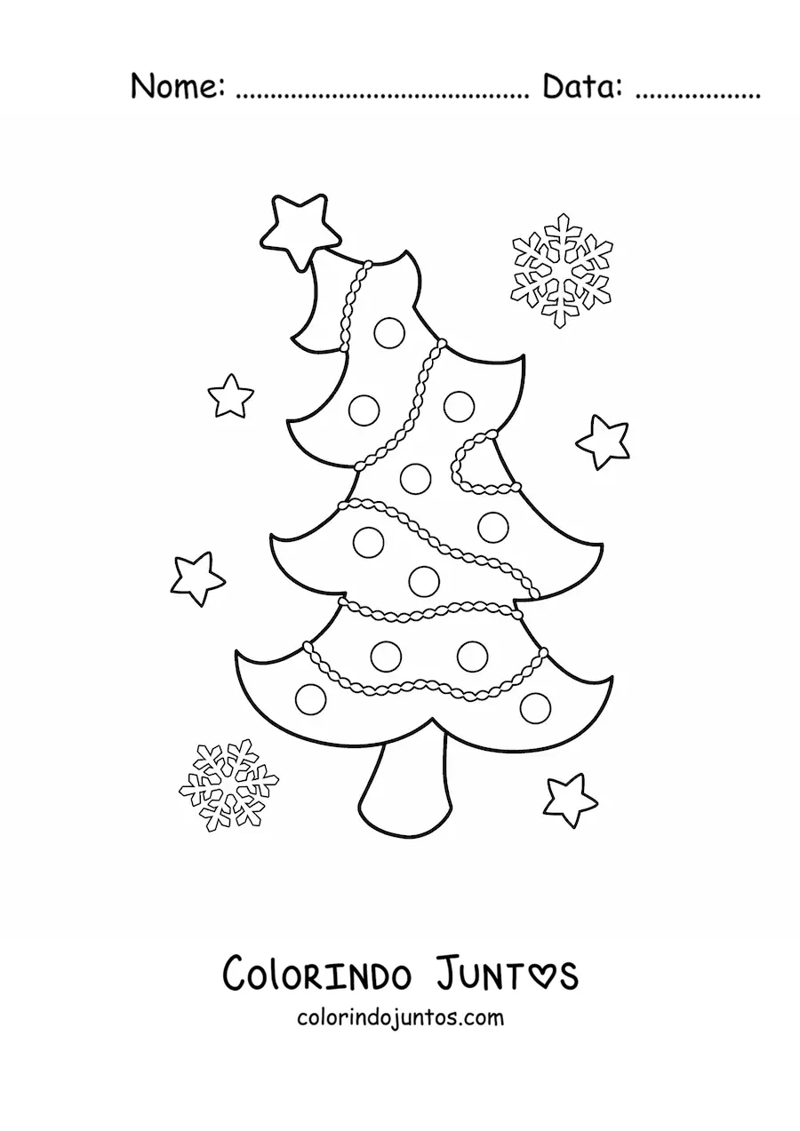 Desenho para colorir de uma arvore de Natal com estrelas e flocos de neve ao fundo