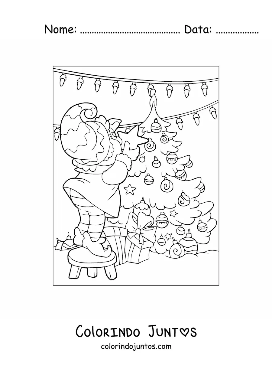 Desenho para colorir de um elfo do Papai Noel colocando a estrela na arvorezinha