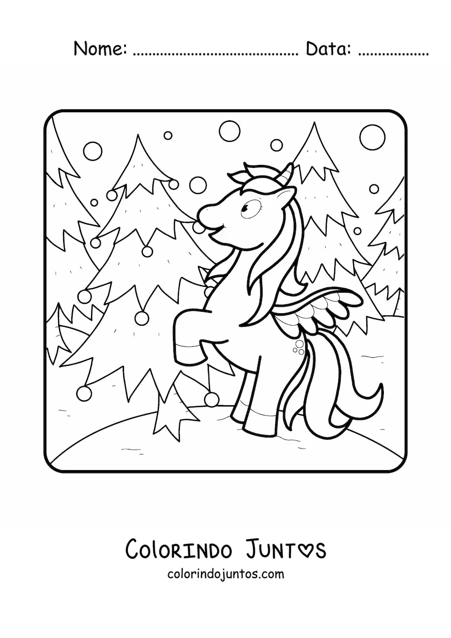 Desenho para colorir de um unicornio animado junto a uma arvore de Natal
