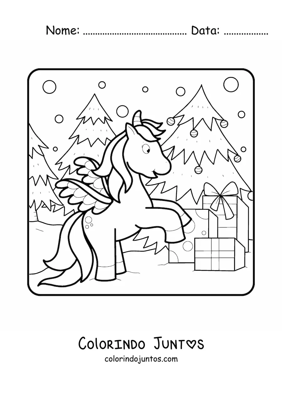 Desenho para colorir de um unicornio animado junto a uma arvore de Natal com presentes