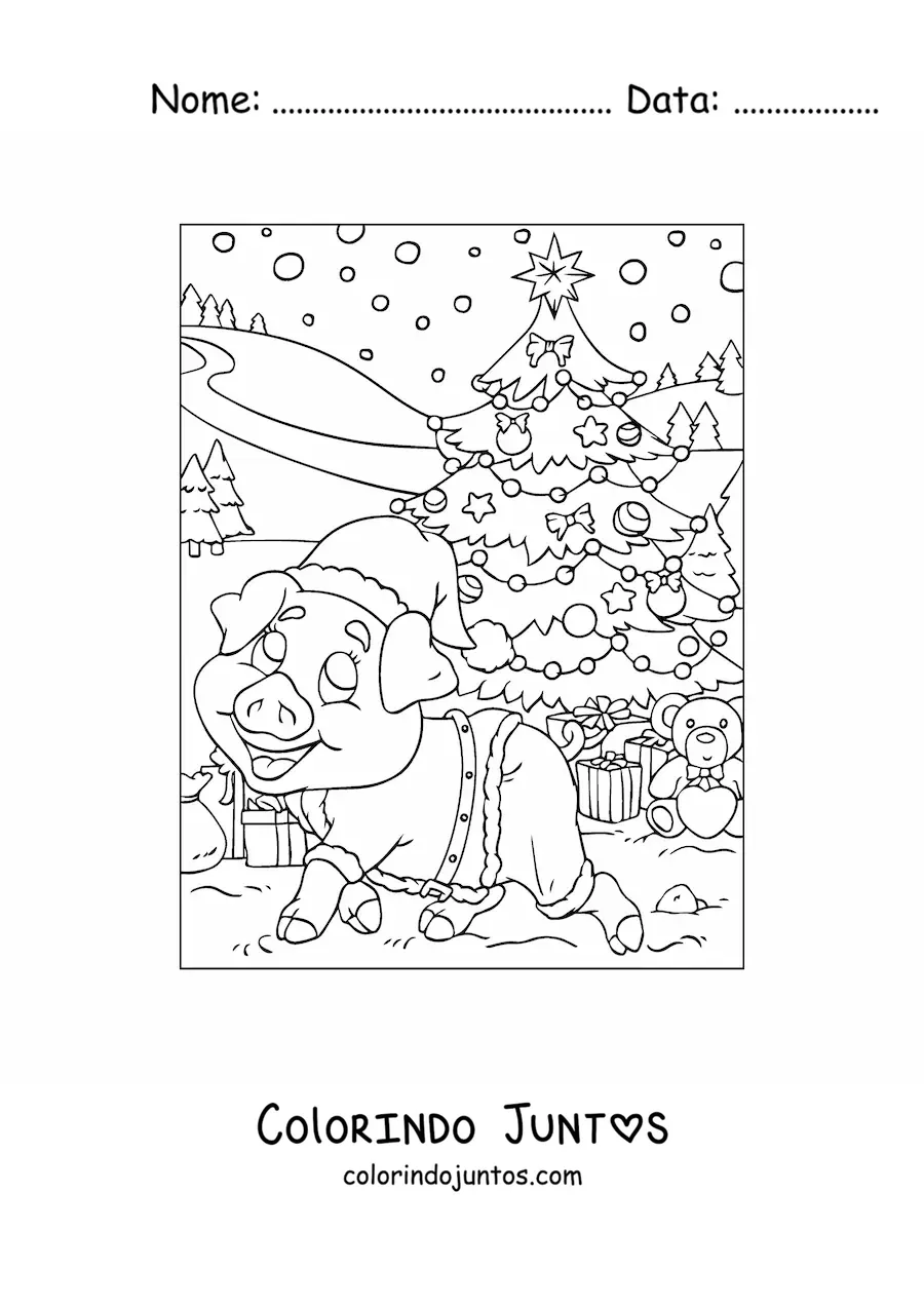 Desenho para colorir de um porquinho animado vestido de Papai Noel com arvore de Natal com presentes