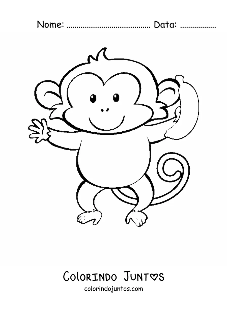 Desenho para colorir de um macaco animado kawaii comendo uma banana