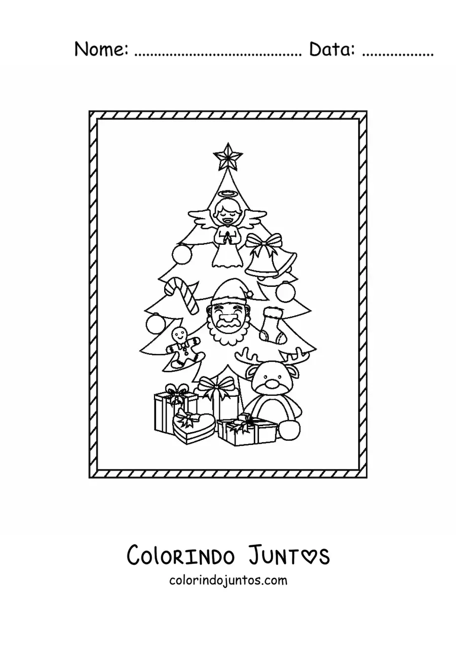 Desenho para colorir de uma arvore de Natal decorada com presentes embaixo