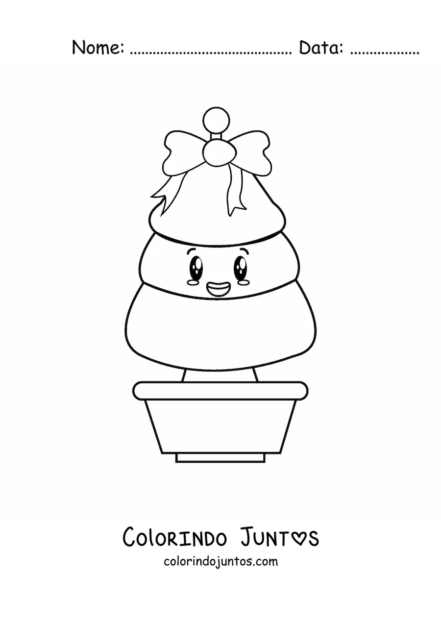 Desenho para colorir de uma arvorezinha de Natal kawaii com laco em um vaso