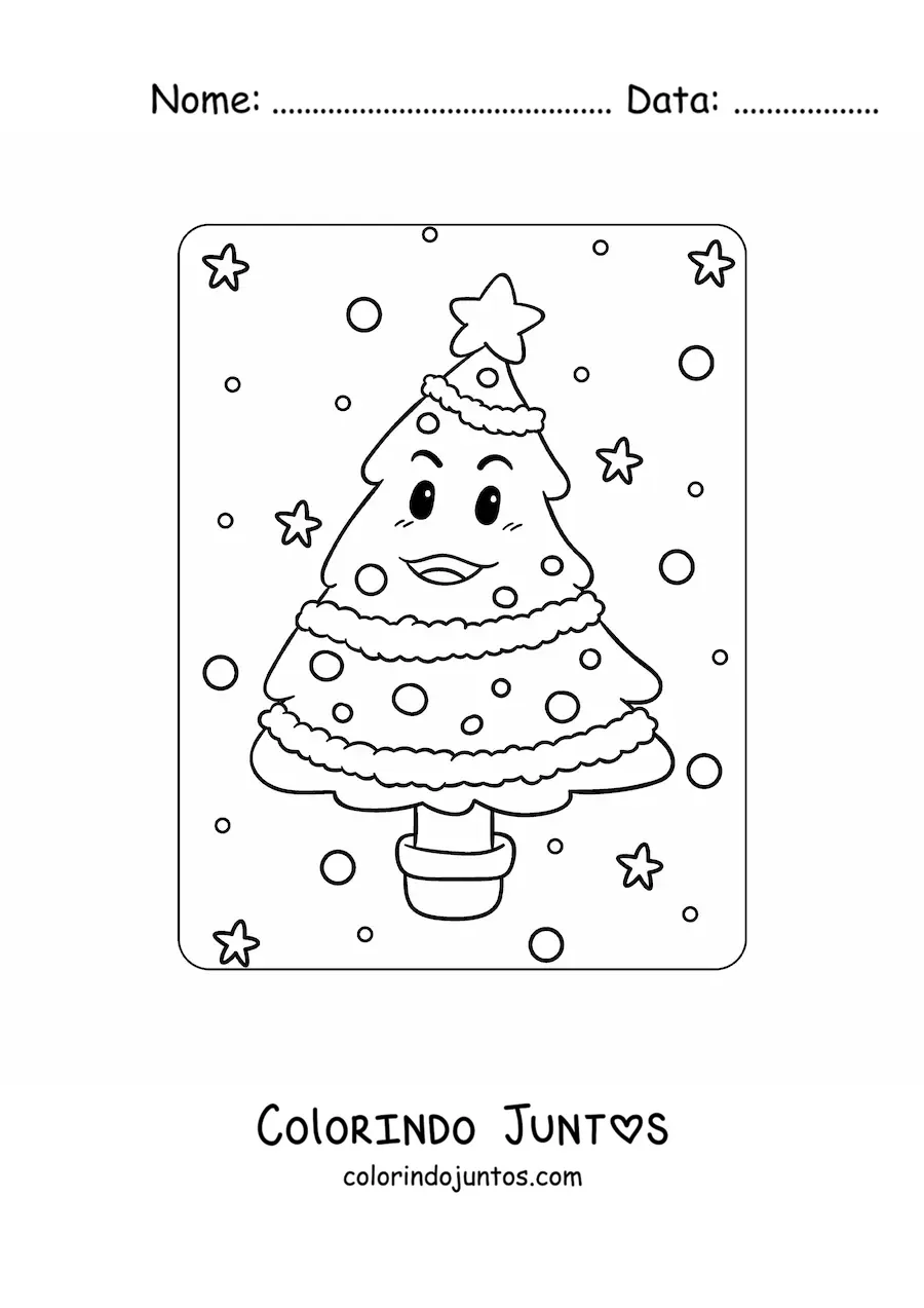 Desenho para colorir de uma arvorezinha de Natal animada no vaso