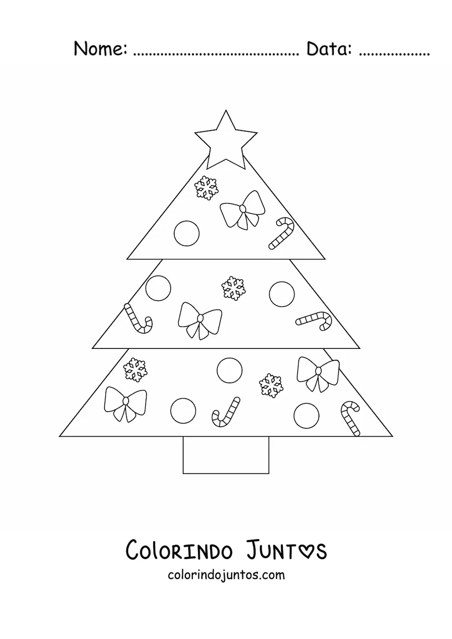 Desenho para colorir de uma arvorezinha de Natal em forma de triangulos decorada com bengalas doces