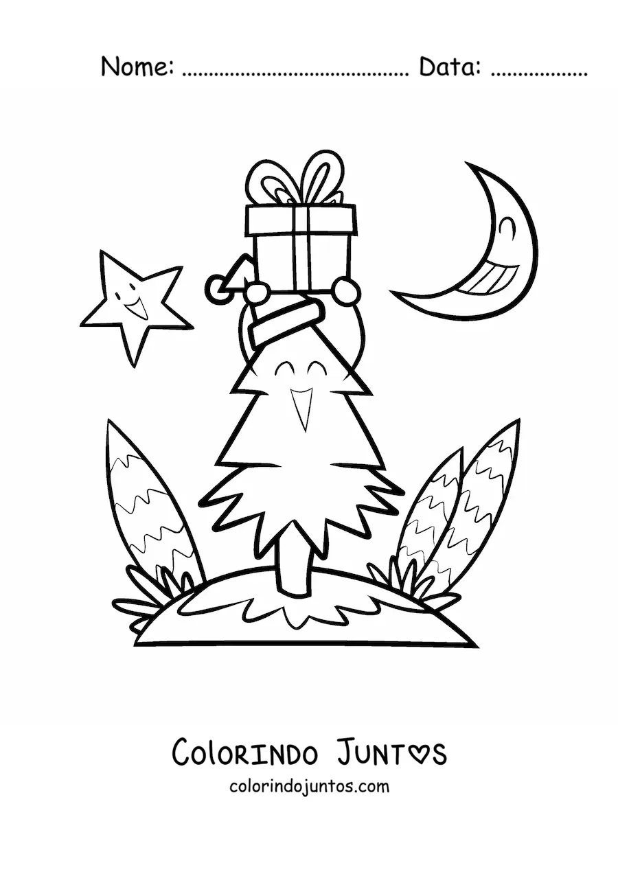 Desenho para colorir de uma arvorezinha de Natal animada com presente, com a Lua e uma estrela ao fundo