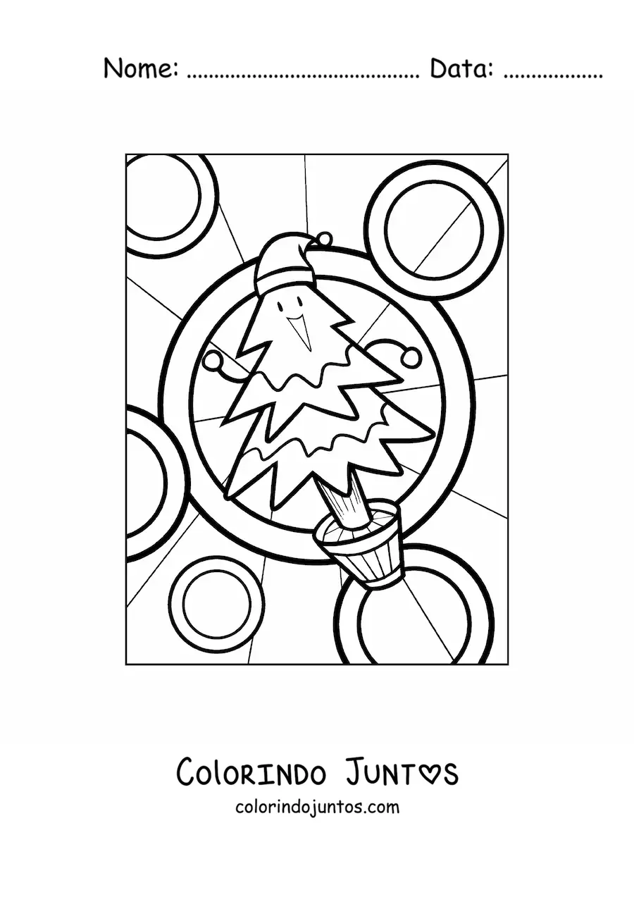 Desenho para colorir de uma arvorezinha de Natal animada sorridente em um vaso