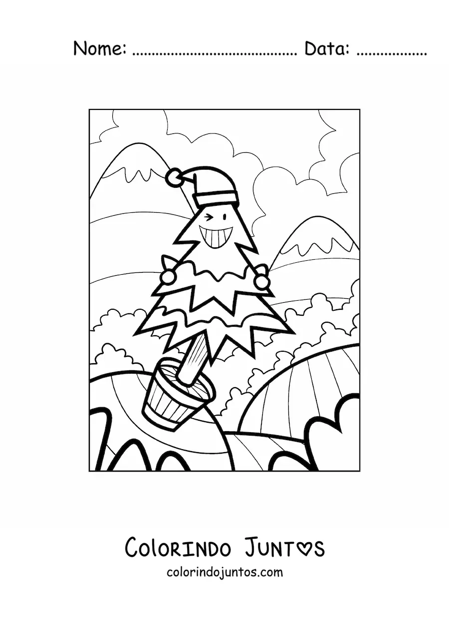 Desenho para colorir de caricatura de uma arvorezinha de Natal animada em um vaso