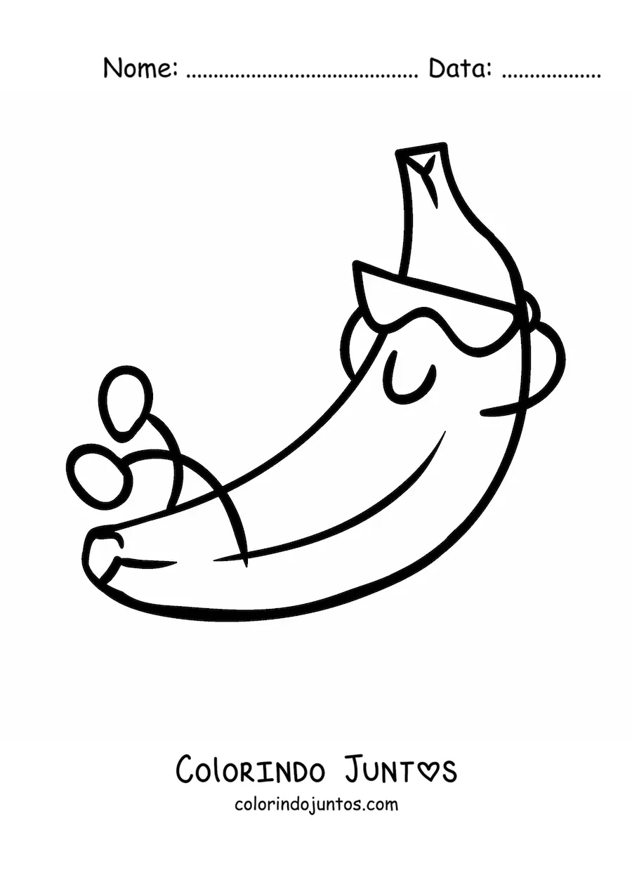 Desenho para colorir de uma banana animada descansando com óculos de sol