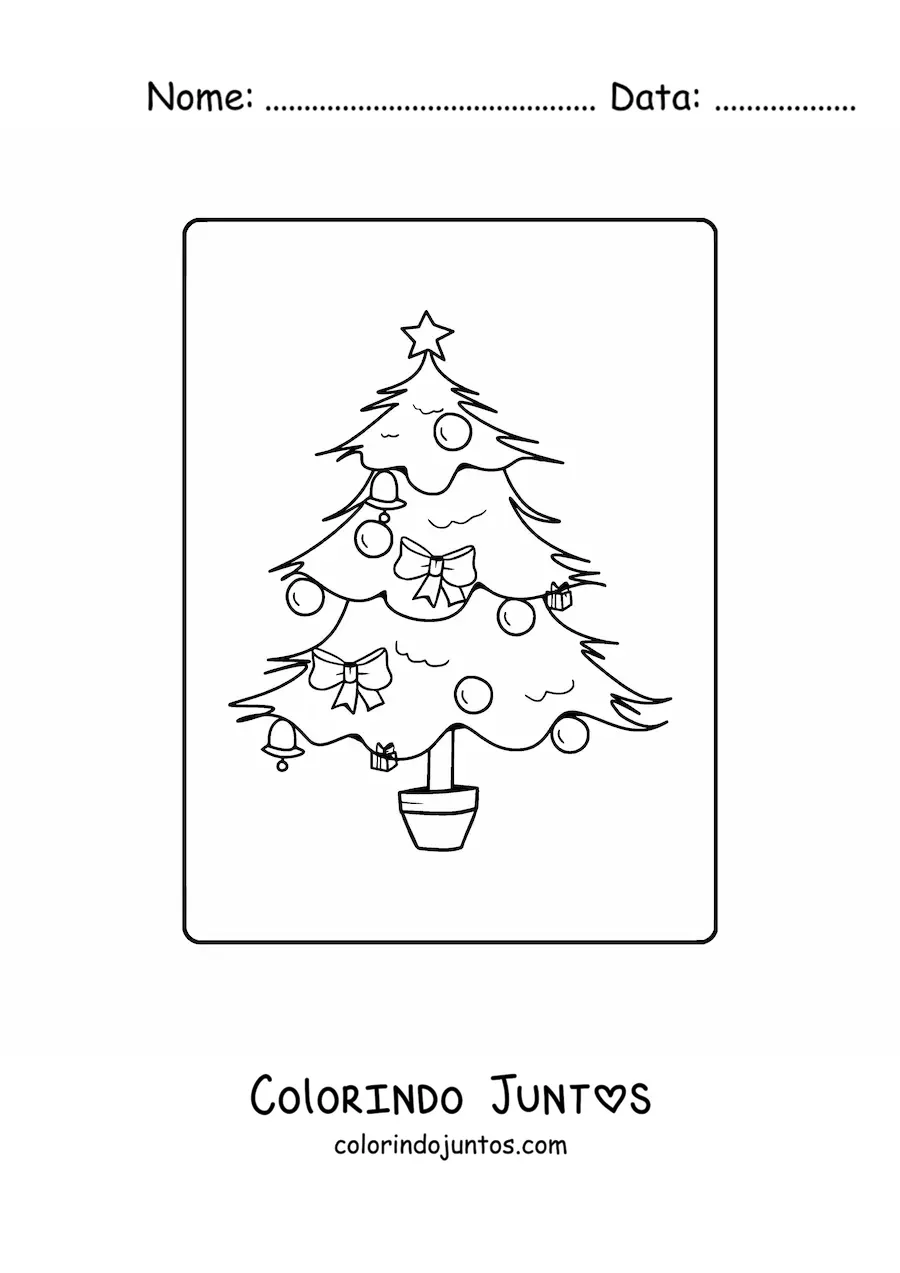 Desenho para colorir de uma arvorezinha de Natal com lacos em um vaso