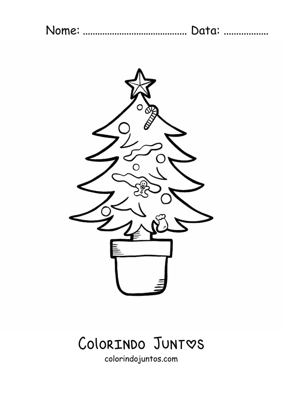 Desenho para colorir de uma arvorezinha de Natal com enfeites em um vaso