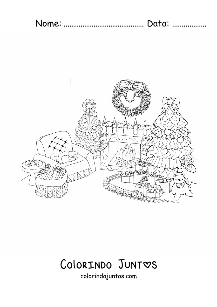 Desenho para colorir de uma arvorezinha de Natal na sala decorada com presentes e brinquedos embaixo