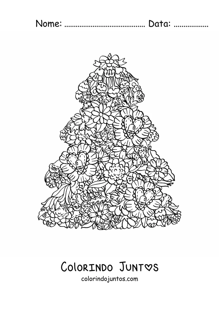 Desenho para colorir de uma arvorezinha de Natal com flores e coracoes