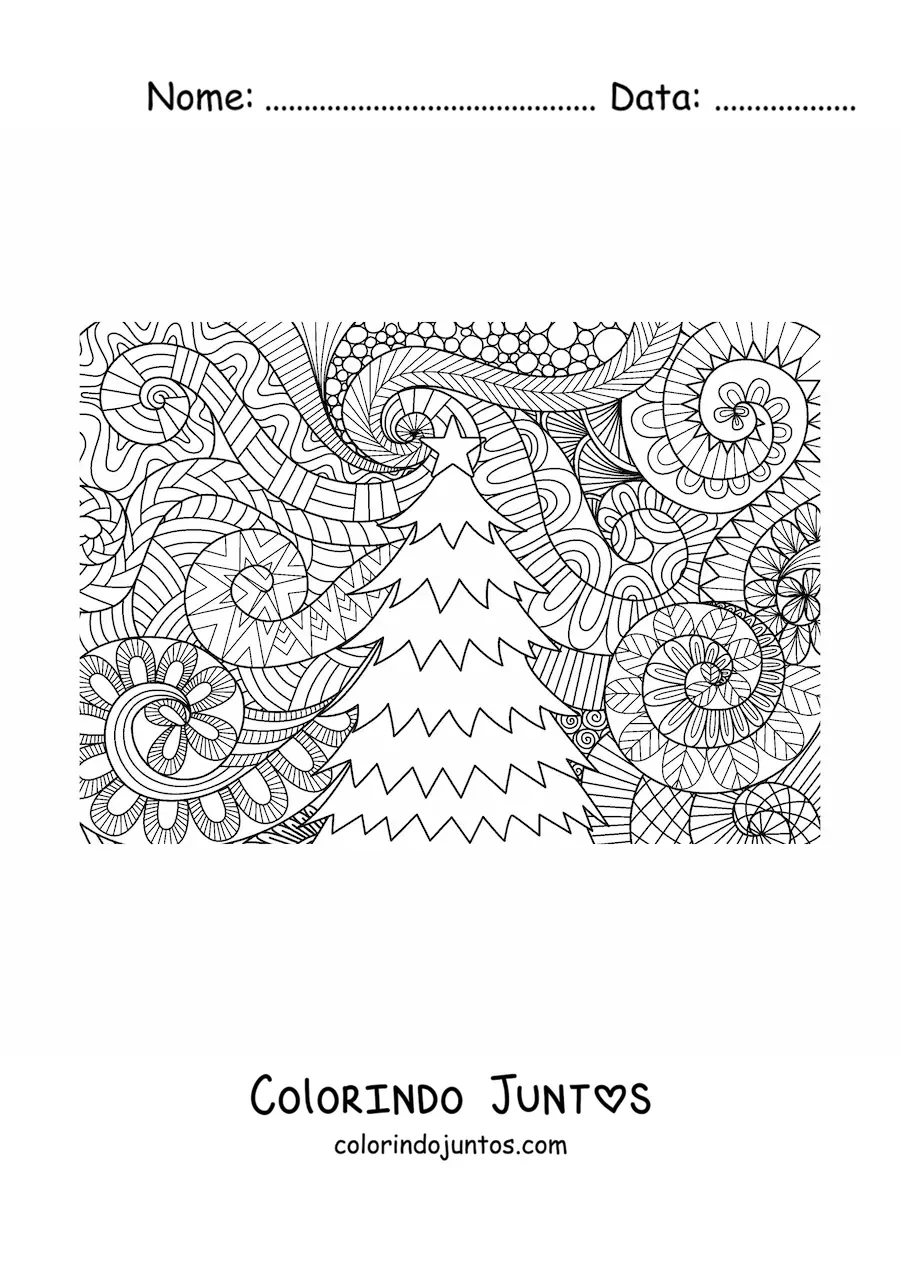 Desenho para colorir de uma arvorezinha de Natal com fundo estilo zentangle