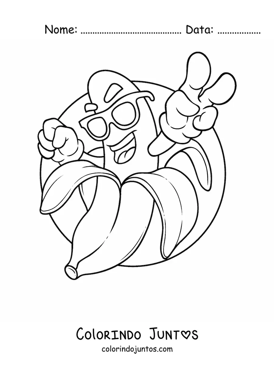 Desenho para colorir de uma banana animada acenando com óculos de sol