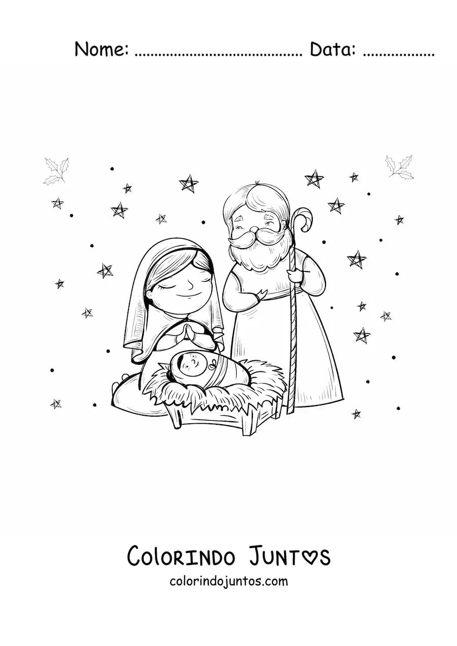 Desenho para colorir de um presepio kawaii