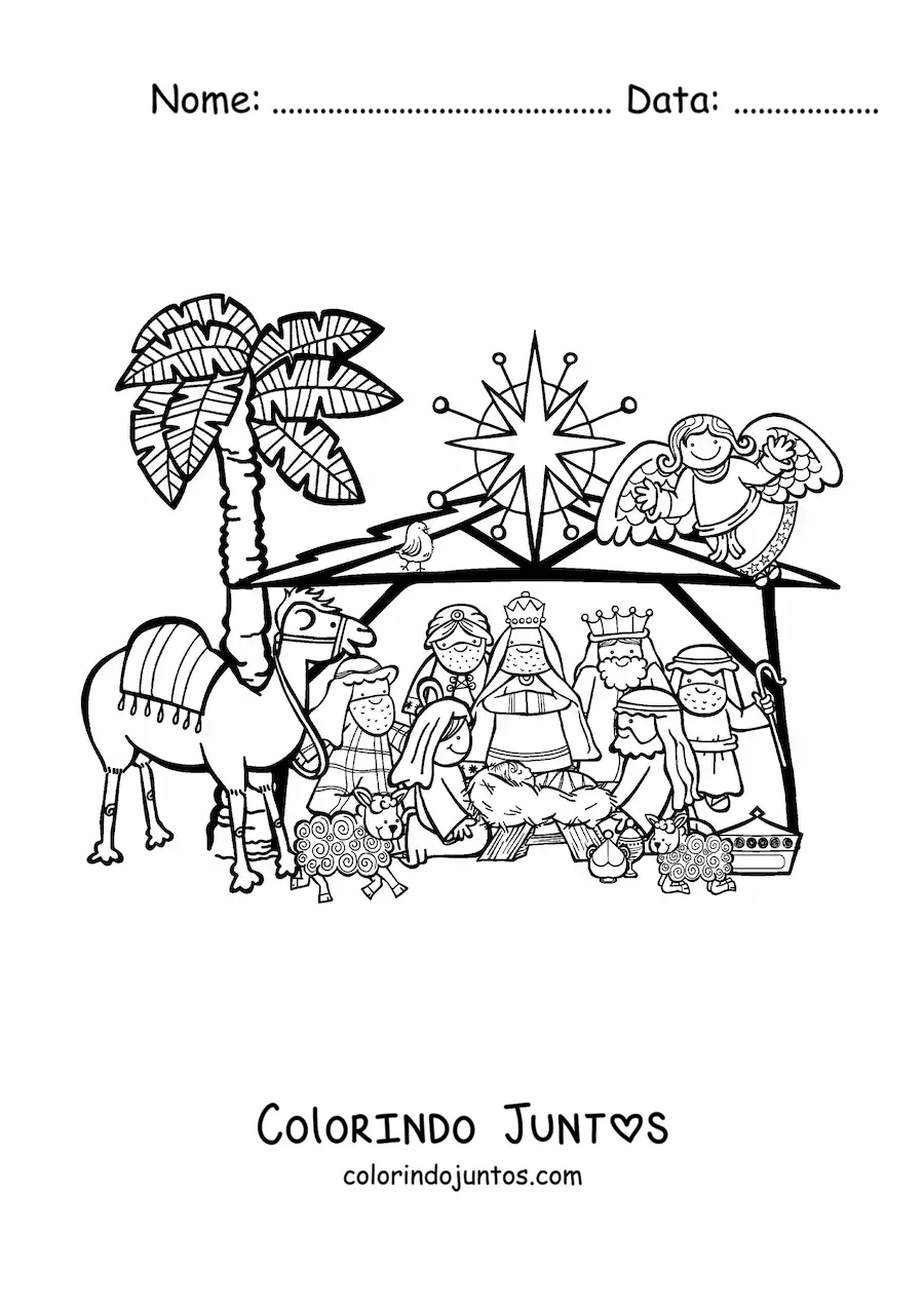 Desenho para colorir de um presepio de Natal com camelo, ovelhas, os Reis Magos e o anjo Gabriel