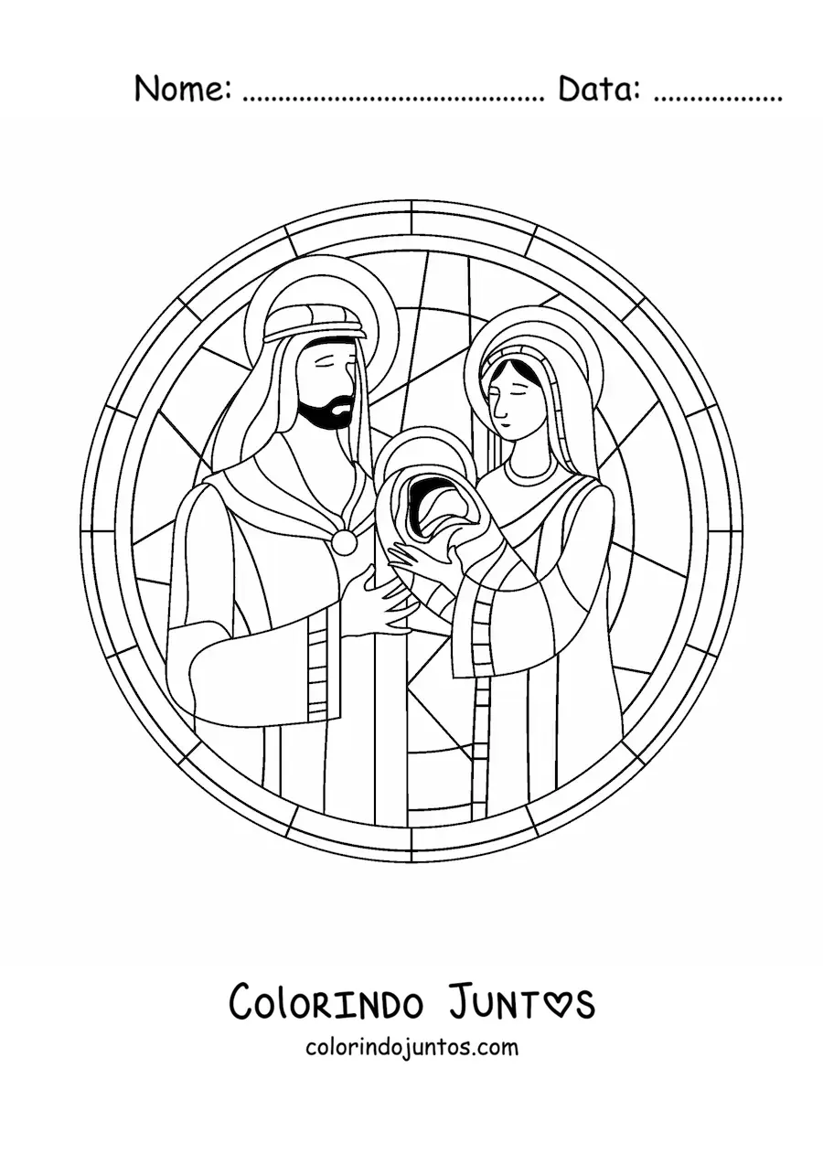 Desenho para colorir de vitral com presepio de Natal