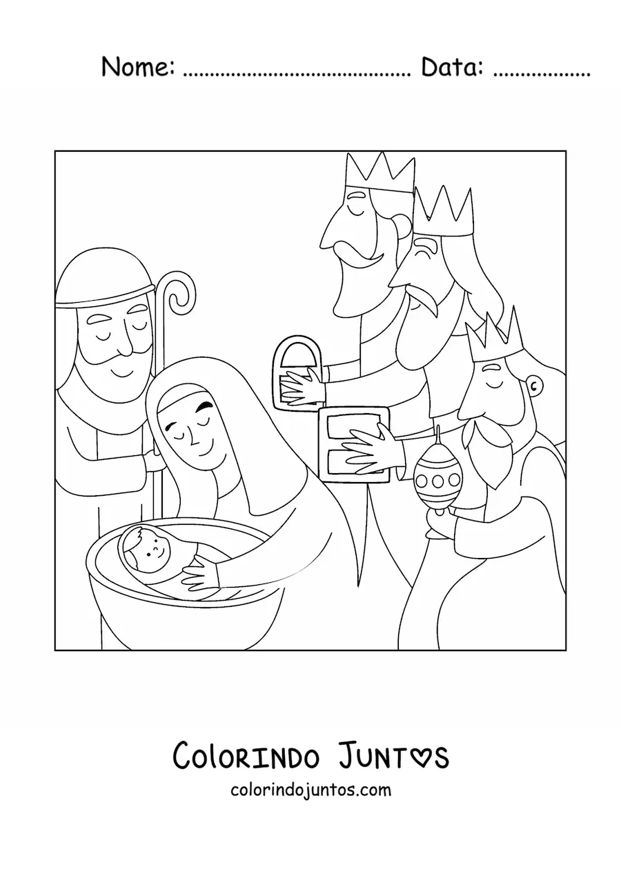 Desenho para colorir de um presepio com os Reis Magos