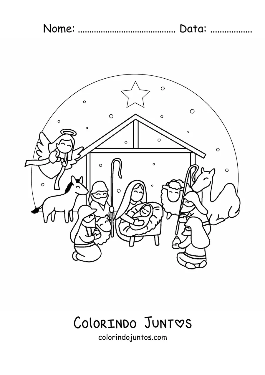 Desenho para colorir de um presepio de Natal com camelo, ovelha, os Reis Magos e o anjo Gabriel