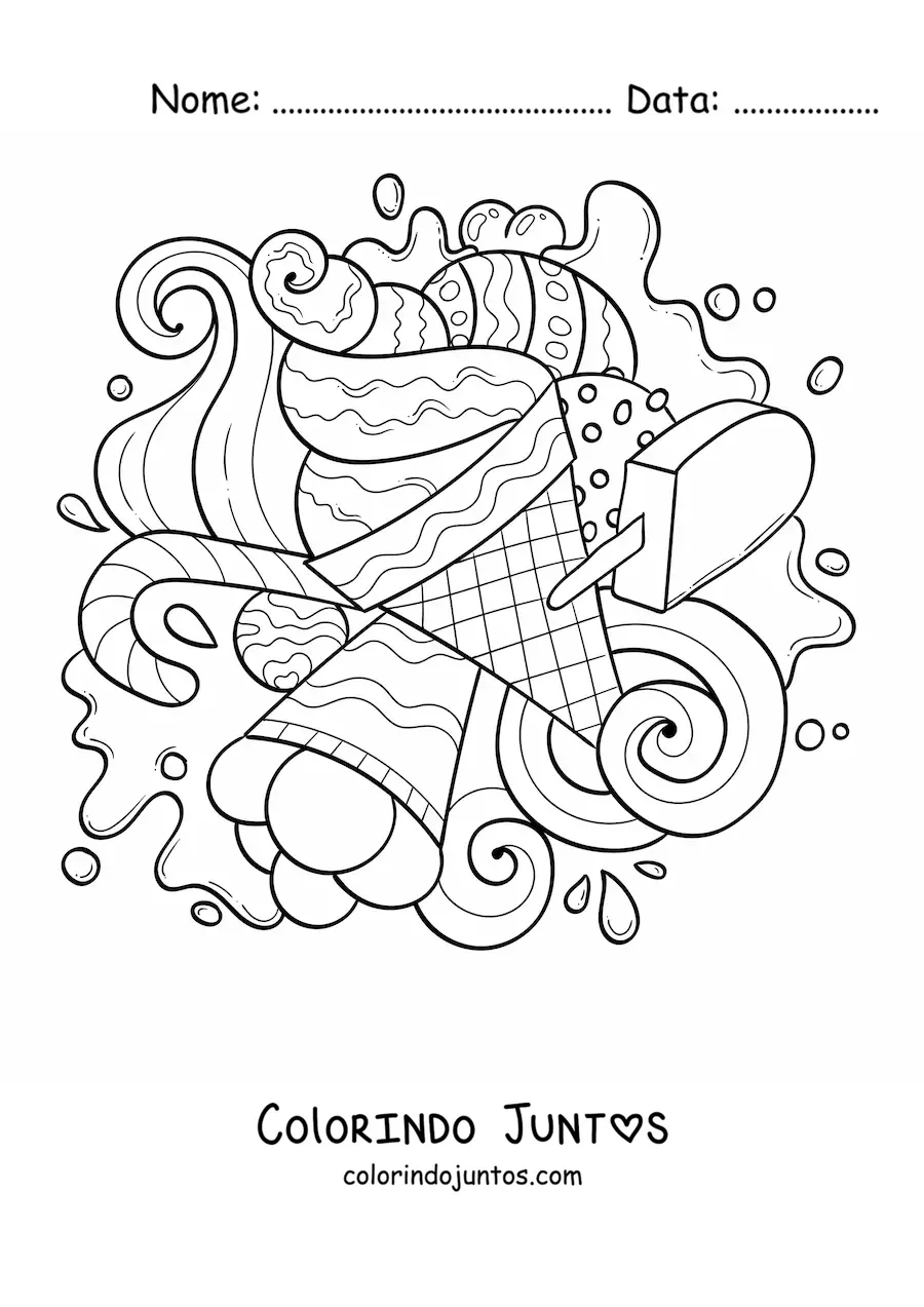 Desenho para colorir de vários sorvetes e doces
