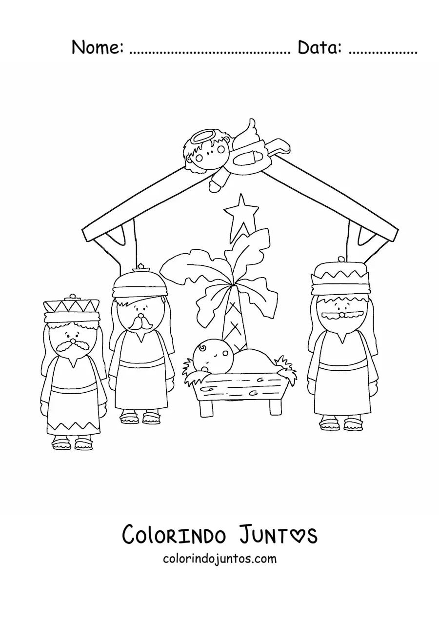 Desenho para colorir dos Reis Magos e o anjo Gabriel com o Menino Jesus na manjedoura