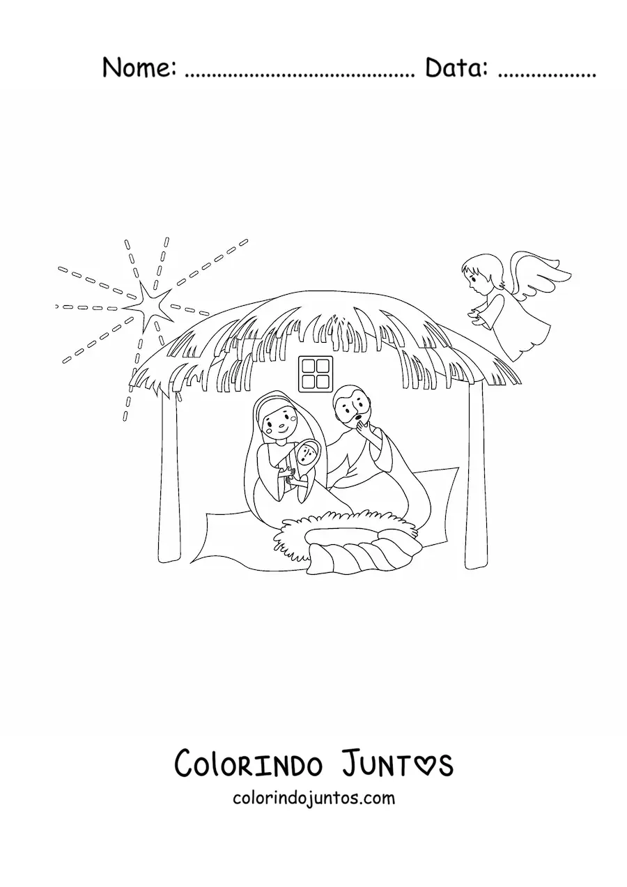 Desenho para colorir de Maria com Jose e Jesus na manjedoura