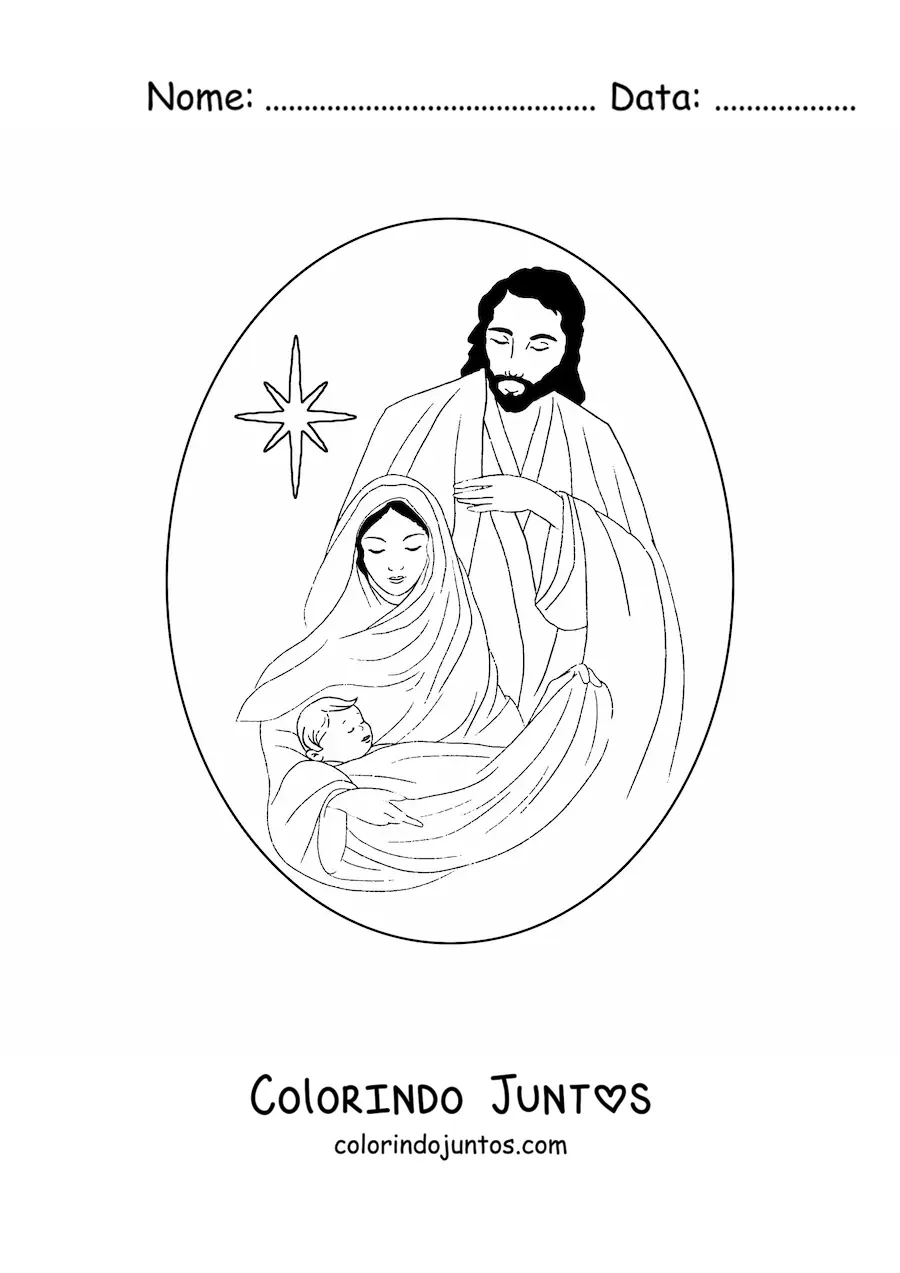 Desenho para colorir de Maria com Jose e Jesus e a estrela de um Belem