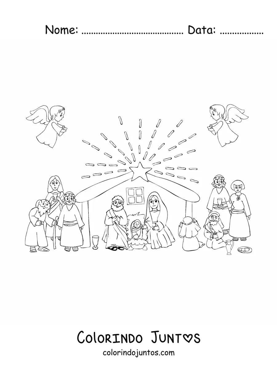 Desenho para colorir de um presepio animado com pastores e anjos