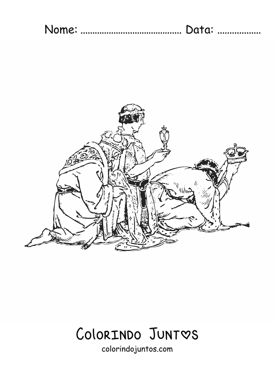 Desenho para colorir dos Reis Magos realistas com presentes