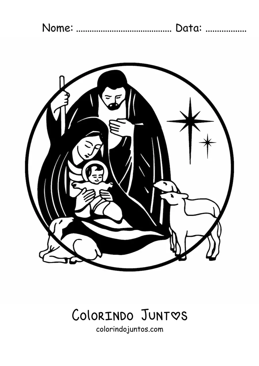 Desenho para colorir de Maria, Jose e Jesus com animais