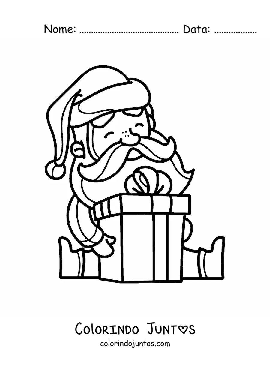 Desenho para colorir de Papai Noel kawaii sentado com presente