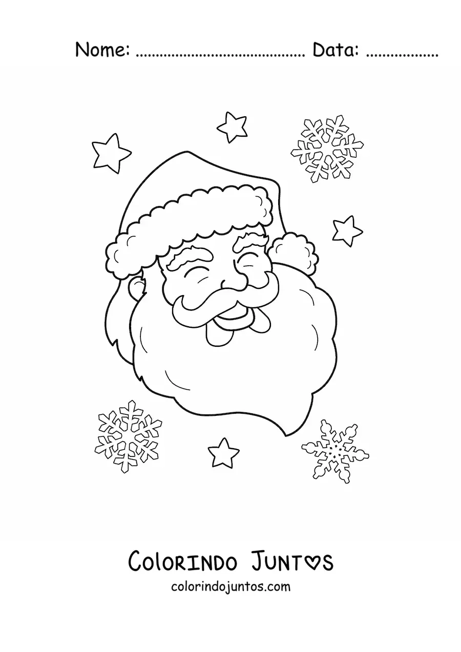 Desenho para colorir do rosto de Papai Noel com os olhos fechados e flocos de neve ao fundo